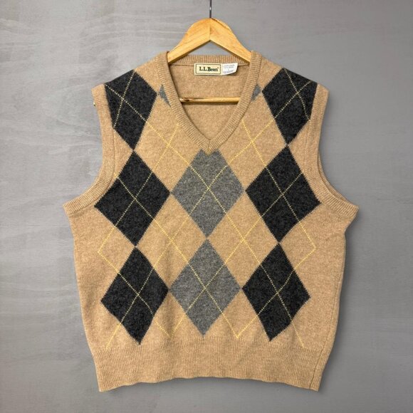 Vintage L.L.Bean Argyle 100% Wool V Neck Sweater Vest Pullover Tan Brown Large - Picture 1 of 4